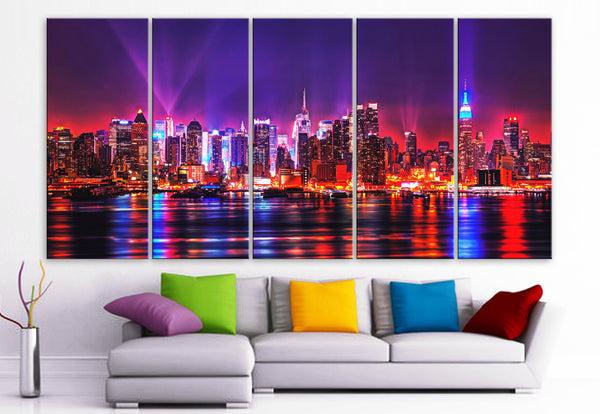 XLARGE 30"x 70" 5 Panels Art Canvas Print Beautiful skyline New York  City NY night Wall Home (Included framed 1.5" depth) - BoxColors