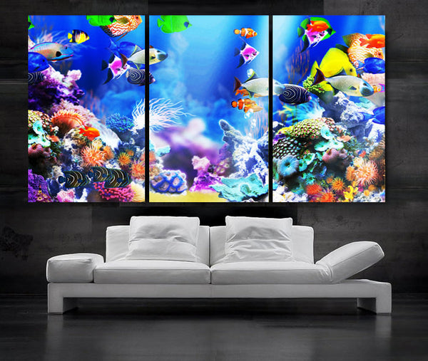 LARGE 30"x 60" 3 Panels Art Canvas Print beautiful Aquarium Fish Wall decorative home interior (Included framed 1.5" depth) - BoxColors