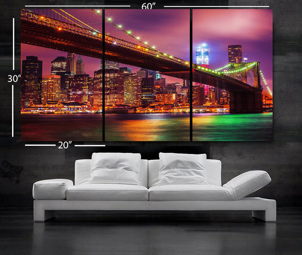 LARGE 30"x 60" 3 Panels Art Canvas Print Beautiful Brooklyn bridge New York City NY Wall Home (Included framed 1.5" depth) - BoxColors