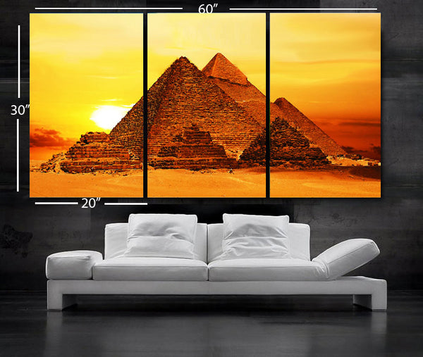 LARGE 30"x 60" 3 Panels Art Canvas Print beautiful Egypt Pyramid Sunset Wall Home (Included framed 1.5" depth) - BoxColors