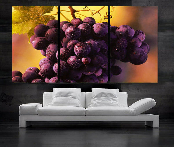 LARGE 30"x 60" 3 Panels Art Canvas Print beautiful Grapes fruits Wall decorative home (Included framed 1.5" depth) - BoxColors