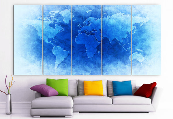 XLARGE 30"x 70" 5 Panels Art Canvas Print beautiful World Map Blue & Brown Wall Home Decor interior (Included framed 1.5" depth) - BoxColors