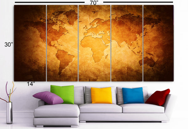 XLARGE 30"x 70" 5 Panels Art Canvas Print beautiful World Map Blue & Brown Wall Home Decor interior (Included framed 1.5" depth) - BoxColors