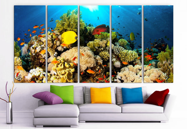 XLARGE 30"x 70" 5 Panels Art Canvas Print beautiful water sea fish corals Wall Home Decor (Included framed 1.5" depth) - BoxColors