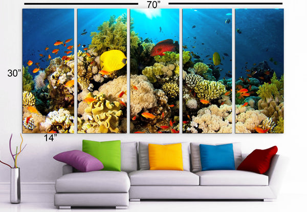 XLARGE 30"x 70" 5 Panels Art Canvas Print beautiful water sea fish corals Wall Home Decor (Included framed 1.5" depth) - BoxColors