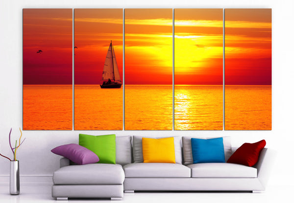 XLARGE 30"x 70" 5 Panels Art Canvas Print beautiful sailboat Sunset boat Beach Yellow Red Wall Home Decor (Included framed 1.5" depth) - BoxColors