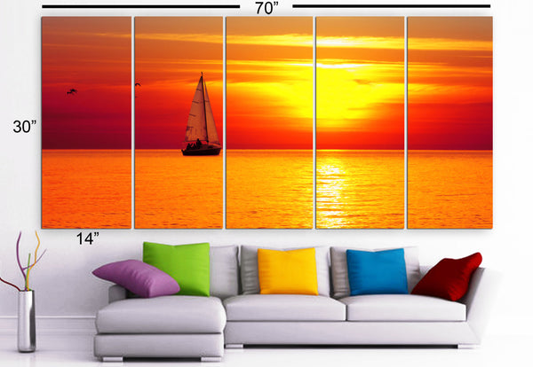 XLARGE 30"x 70" 5 Panels Art Canvas Print beautiful sailboat Sunset boat Beach Yellow Red Wall Home Decor (Included framed 1.5" depth) - BoxColors