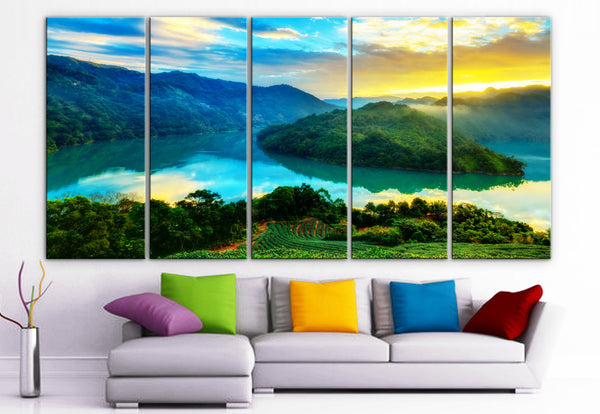 XLARGE 30"x 70" 5 Panels Art Canvas Print beautiful mountains sea sunrise sunset trees Wall Home Decor (Included framed 1.5" depth) - BoxColors