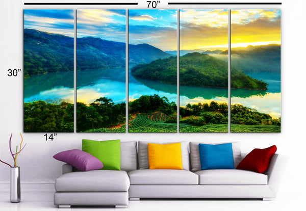 XLARGE 30"x 70" 5 Panels Art Canvas Print beautiful mountains sea sunrise sunset trees Wall Home Decor (Included framed 1.5" depth) - BoxColors