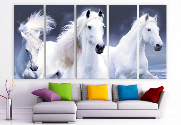 XLARGE 30"x 70" 5 Panels Art Canvas Print beautiful Horses white animals Wall Home Decor interior (Included framed 1.5" depth) - BoxColors