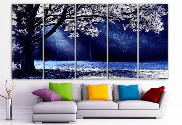 XLARGE 30"x 70" 5 Panels Art Canvas Print beautiful Contrast sun winter tree Blue White Blck Wall Home interior (Included framed 1.5" depth) - BoxColors