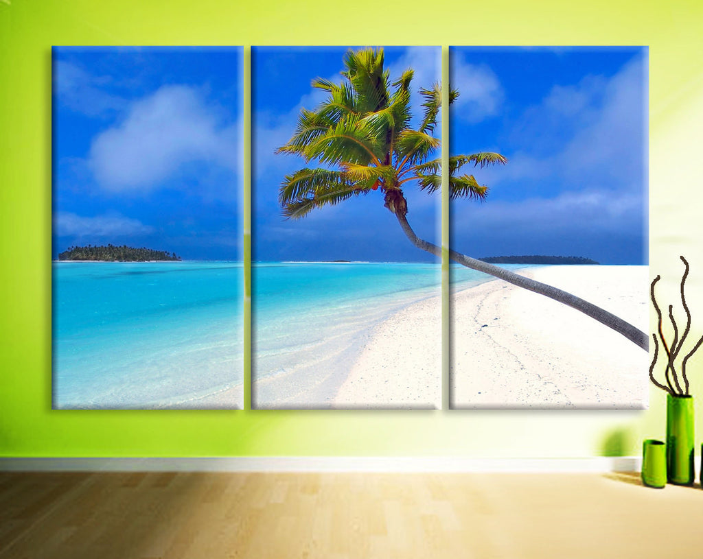 Large 30x60 3 Panels Art Canvas Print beautiful Beach Palm sea blue Wall home office decor interior - BoxColors