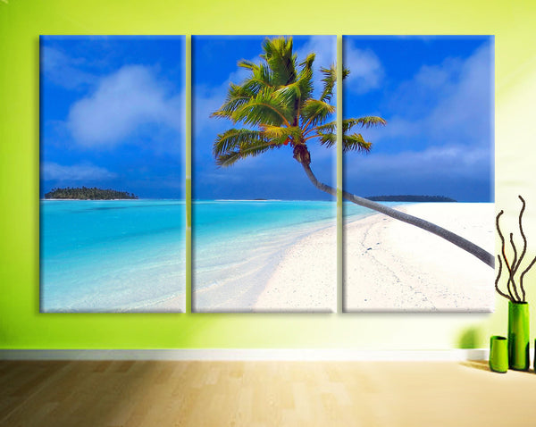 Large 30x60 3 Panels Art Canvas Print beautiful Beach Palm sea blue Wall home office decor interior - BoxColors