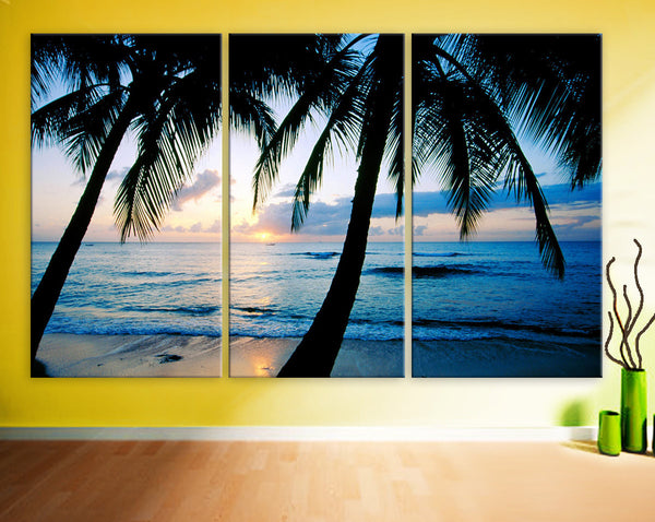 Art Canvas Print beautiful sunset Beach ocean Palm sea blue Wall home office decor interior - BoxColors