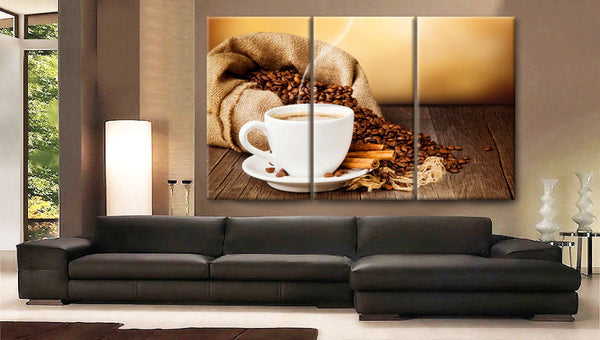Art Canvas Print beautiful Coffee beans Cup of coffee drink cinnamon saucer Wall home decor interior - BoxColors