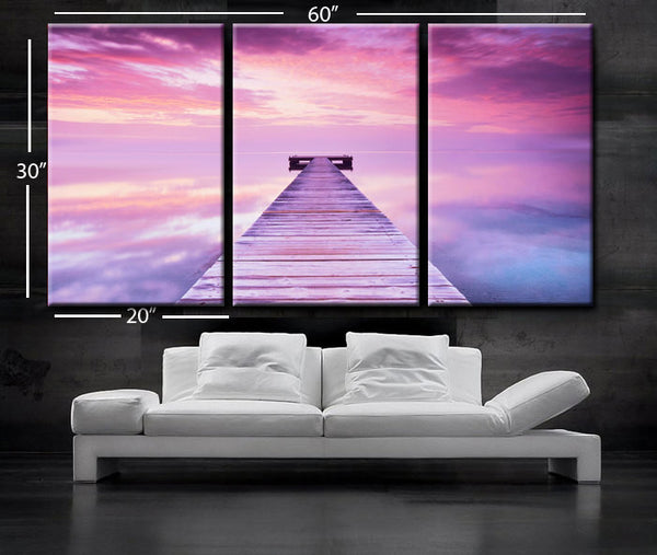 LARGE 30"x 60" 3 Panels Art Canvas Print beautiful beach sea calm water quiet reflection wooden bridge Wall Home(Included framed 1.5" depth) - BoxColors