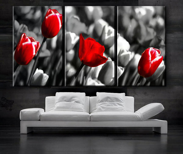 LARGE 30"x 60" 3 Panels Art Canvas Print  Red Rose background Black white Floral Flower love Wall Home decor (Included framed 1.5" depth) - BoxColors