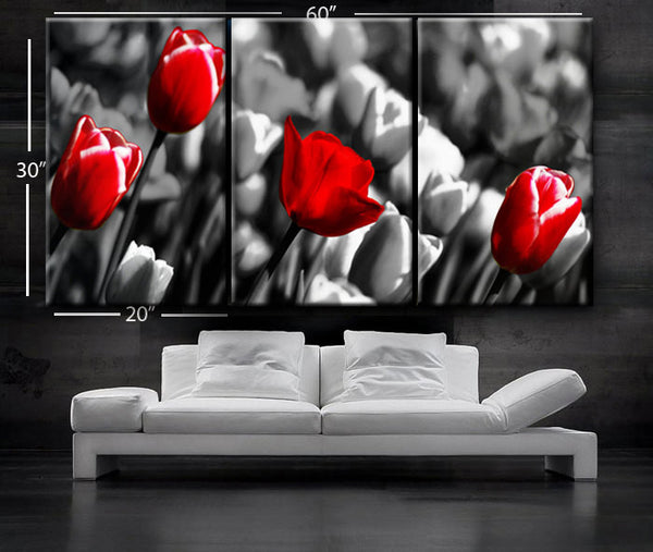 LARGE 30"x 60" 3 Panels Art Canvas Print  Red Rose background Black white Floral Flower love Wall Home decor (Included framed 1.5" depth) - BoxColors