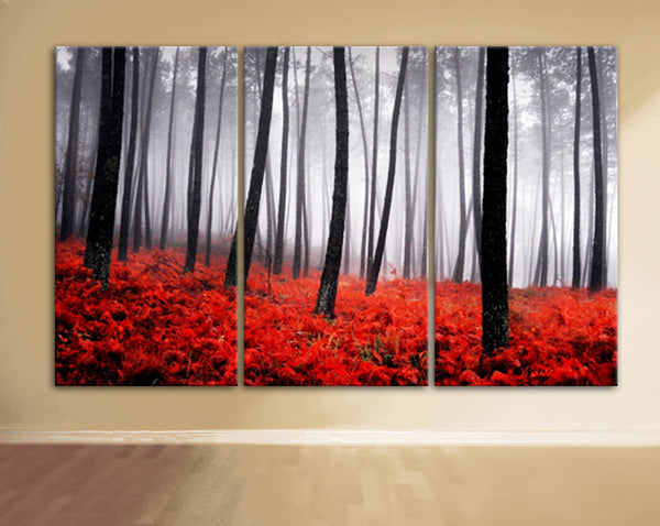 Art Canvas Print beautiful Trees Forest Foggy Autumn red ferns Nature Wall home office decor interior - BoxColors