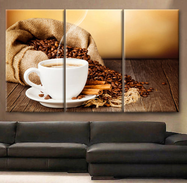 Art Canvas Print beautiful Coffee beans Cup of coffee drink cinnamon saucer Wall home decor interior - BoxColors