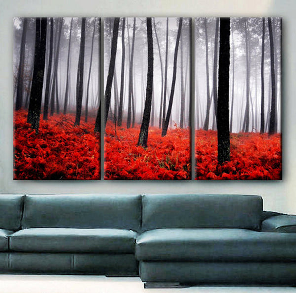 Art Canvas Print beautiful Trees Forest Foggy Autumn red ferns Nature Wall home office decor interior - BoxColors