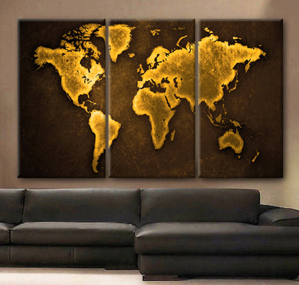 Art Canvas Print beautiful World Map Color Gold travel nursery Wall home office decor interior - BoxColors