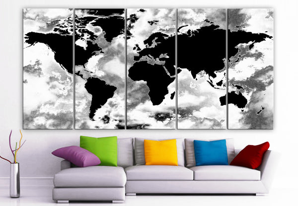 XLARGE 30"x 70" 5 Panels Art Canvas Print beautiful World Map Black & White Wall Home Decor interior (Included framed 1.5" depth) - BoxColors