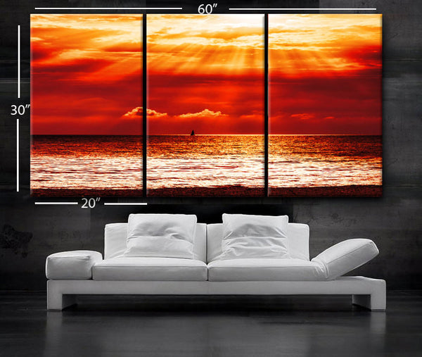 LARGE 30"x 60" 3 Panels Art Canvas Print beautiful Beach Sunset red Yellow Ocean Wall home office interior decor(Included framed 1.5" depth) - BoxColors