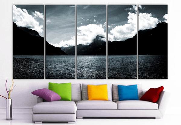 XLARGE 30"x 70" 5 Panels Art Canvas Print beautiful skyline mountains sea Black & White Wall Home Office decor (Included framed 1.5" depth) - BoxColors