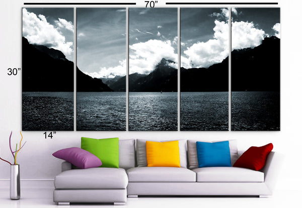 XLARGE 30"x 70" 5 Panels Art Canvas Print beautiful skyline mountains sea Black & White Wall Home Office decor (Included framed 1.5" depth) - BoxColors