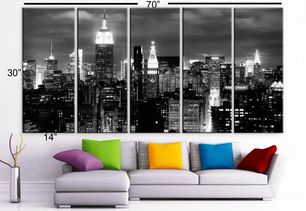 XLARGE 30"x 70" 5 Panels Art Canvas Print beautiful New York City skyline Black & White Wall Home (Included framed 1.5" depth) - BoxColors