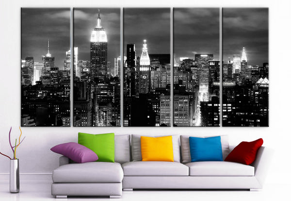 XLARGE 30"x 70" 5 Panels Art Canvas Print beautiful New York City skyline Black & White Wall Home (Included framed 1.5" depth) - BoxColors