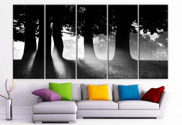 XLARGE 30"x 70" 5 Panels Art Canvas Print beautiful Morning sun rays nature forest trees Black  White Wall Home (Included framed 1.5" depth) - BoxColors