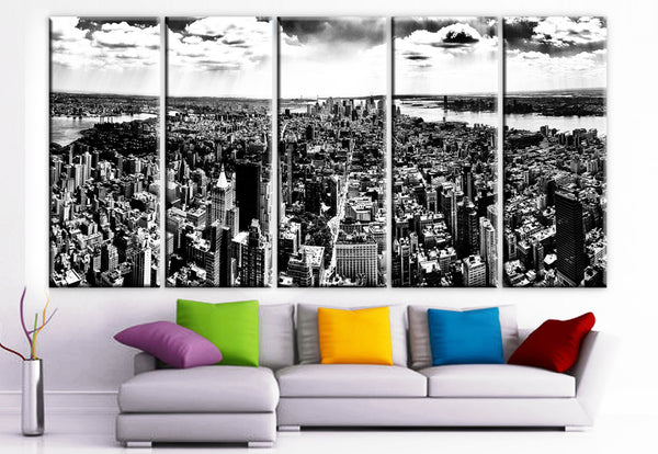 XLARGE 30"x 70" 5 Panels Art Canvas Print New York City Black & White skyscraper Manhattan skyline Wall Home (Included framed 1.5" depth) - BoxColors