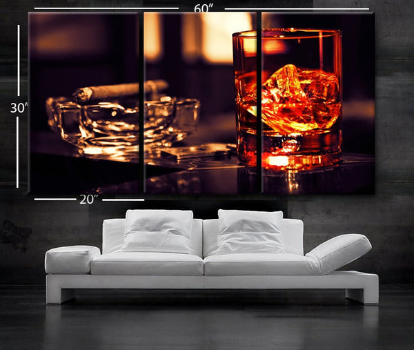 LARGE 30"x 60" 3 Panels Art Canvas Print Beautiful Glass whisky ice cigar Wall home office decor interior (Included framed 1.5" depth) - BoxColors