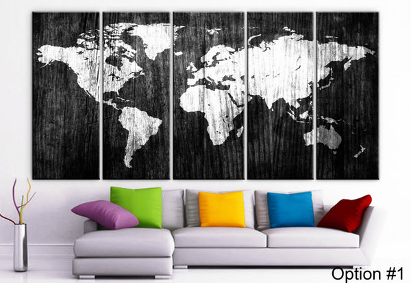 XLARGE 30"x 70" 5 Panels Art Canvas Print beautiful World Map Wood texture Wall home office decor interior (Included framed 1.5" depth) - BoxColors