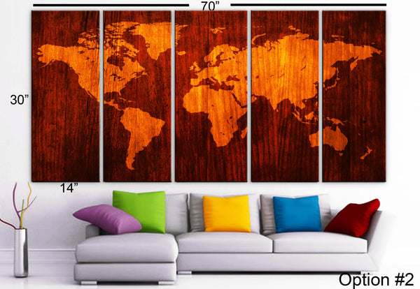 XLARGE 30"x 70" 5 Panels Art Canvas Print beautiful World Map Wood texture Wall home office decor interior (Included framed 1.5" depth) - BoxColors