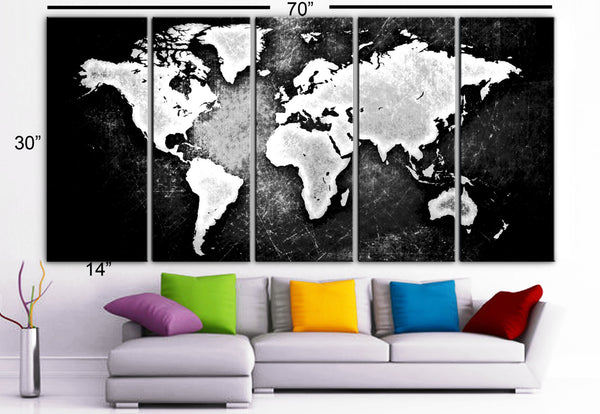 XLARGE 30"x 70" 5 Panels Art Canvas Print beautiful World Map Black & White Wall Home Office Decor interior (Included framed 1.5" depth) - BoxColors