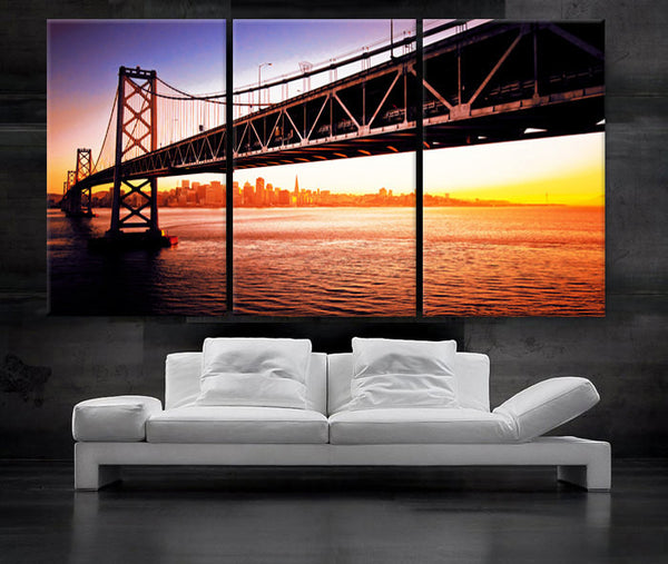 LARGE 30"x 60" 3 Panels Art Canvas Print Beautiful bridge San Francisco sunset Wall Home interior decor (Included framed 1.5" depth) - BoxColors