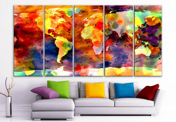 XLARGE 30"x 70" 5 Panels Art Canvas Print Original Watercolor World Map colors Wall Home office decor interior (Included framed 1.5" depth) - BoxColors