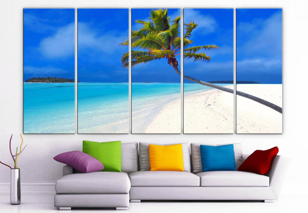 XLARGE 30"x 70" 5 Panels Art Canvas Print  beautiful Beach Palm sea blue Wall home office decor interior (Included framed 1.5" depth) - BoxColors