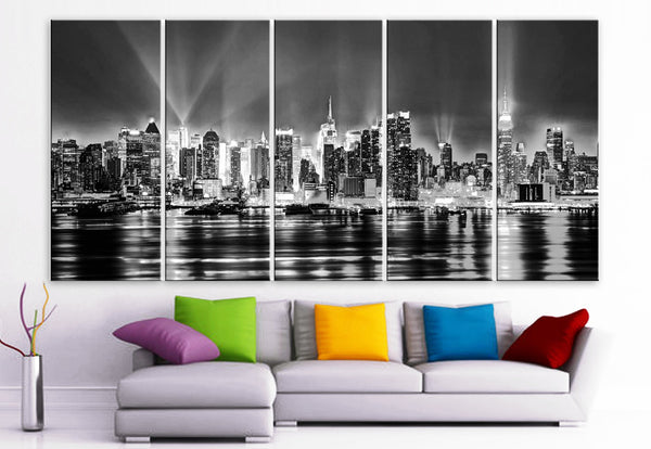 XLARGE 30"x 70" 5 Panels Art Canvas Print Beautiful skyline New York  City NY night Wall Home (Included framed 1.5" depth) - BoxColors
