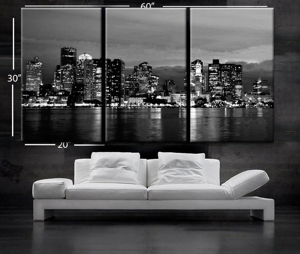 LARGE 30"x 60" 3 Panels Art Canvas Print beautiful Boston skyline Black & White Wall Home (Included framed 1.5" depth) - BoxColors