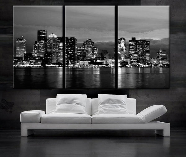 LARGE 30"x 60" 3 Panels Art Canvas Print beautiful Boston skyline Black & White Wall Home (Included framed 1.5" depth) - BoxColors