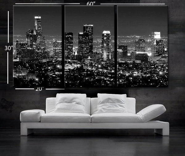 LARGE 30"x 60" 3 Panels Art Canvas Print beautiful Los Angeles CA skyline Black & White Wall Home (Included framed 1.5" depth) - BoxColors