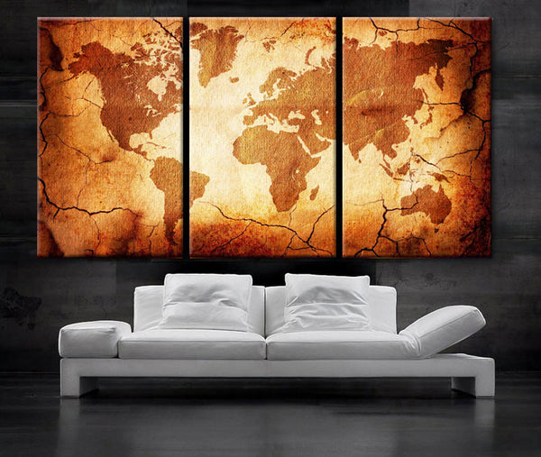 LARGE 30"x 60" 3 Panels Art Canvas Print  World Map Old texture Wall Home Office decor interior (Included framed 1.5" depth) - BoxColors