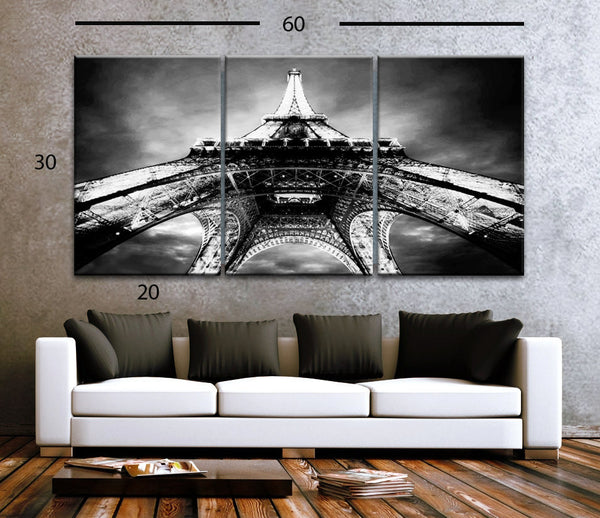 LARGE 30"x 60" 3 Panels Art Canvas Print beautiful Eiffel Tower Paris Black & White Night Wall decor interior (Included framed 1.5" depth) - BoxColors