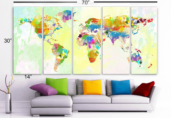 XLARGE 30"x 70" 5 Panels Art Canvas Print Original Watercolor World Map Texture Wall Home decor interior (Included framed 1.5" depth) - BoxColors