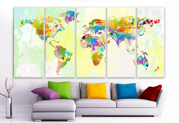 XLARGE 30"x 70" 5 Panels Art Canvas Print Original Watercolor World Map Texture Wall Home decor interior (Included framed 1.5" depth) - BoxColors