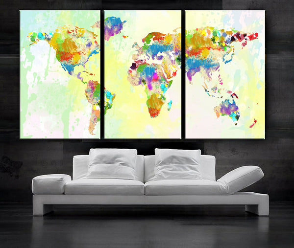 LARGE 30"x60" 3Panels Art Canvas Print Watercolor World Map pastels Texture Home decor - BoxColors